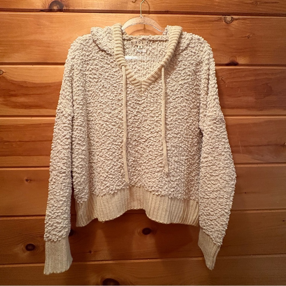 POL Cream Textured Popcorn Knit Hoodie